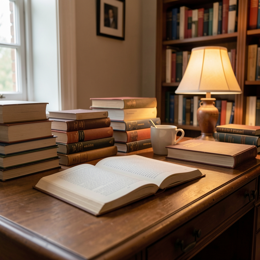 Softly lit reading room with stacked books, a wooden desk with an open notebook, and warm lamp light creating an atmosphere of quiet intellectual inquiry