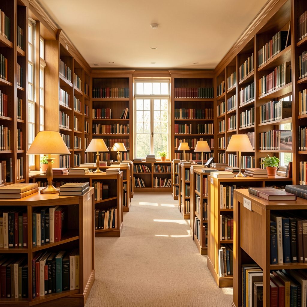 Wide shot of a well-organized reference library with rows of books, warm reading lamps, and large windows letting in natural afternoon light, conveying a sense of knowledge and exploration
