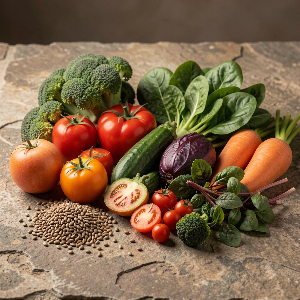 Array of fresh vegetables, seeds, and leafy greens displayed on a textured stone surface with soft directional light, representing diverse whole-food nutrition