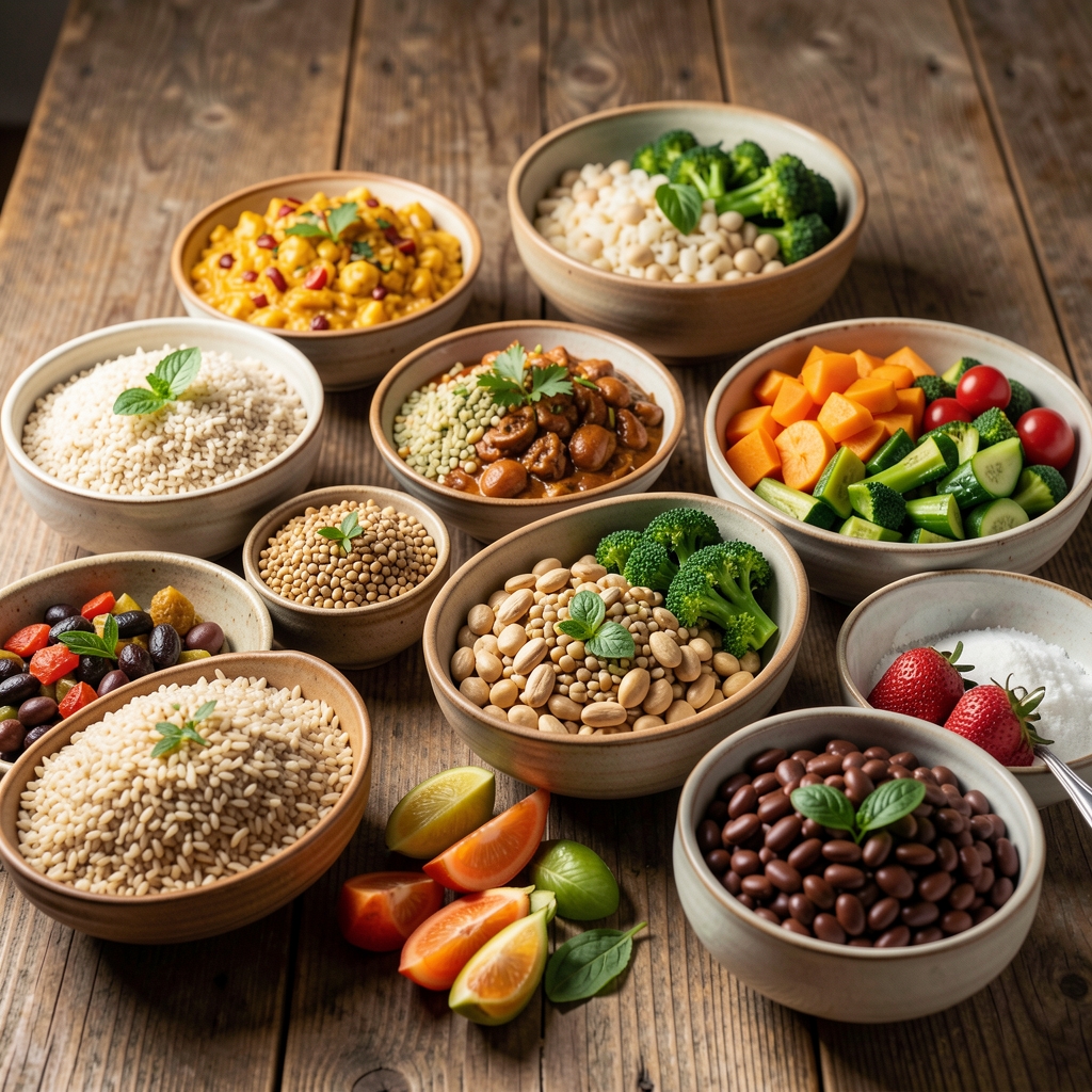 Colorful spread of international cuisines including grains, vegetables, and legumes in ceramic bowls on a rustic table, representing diverse dietary patterns