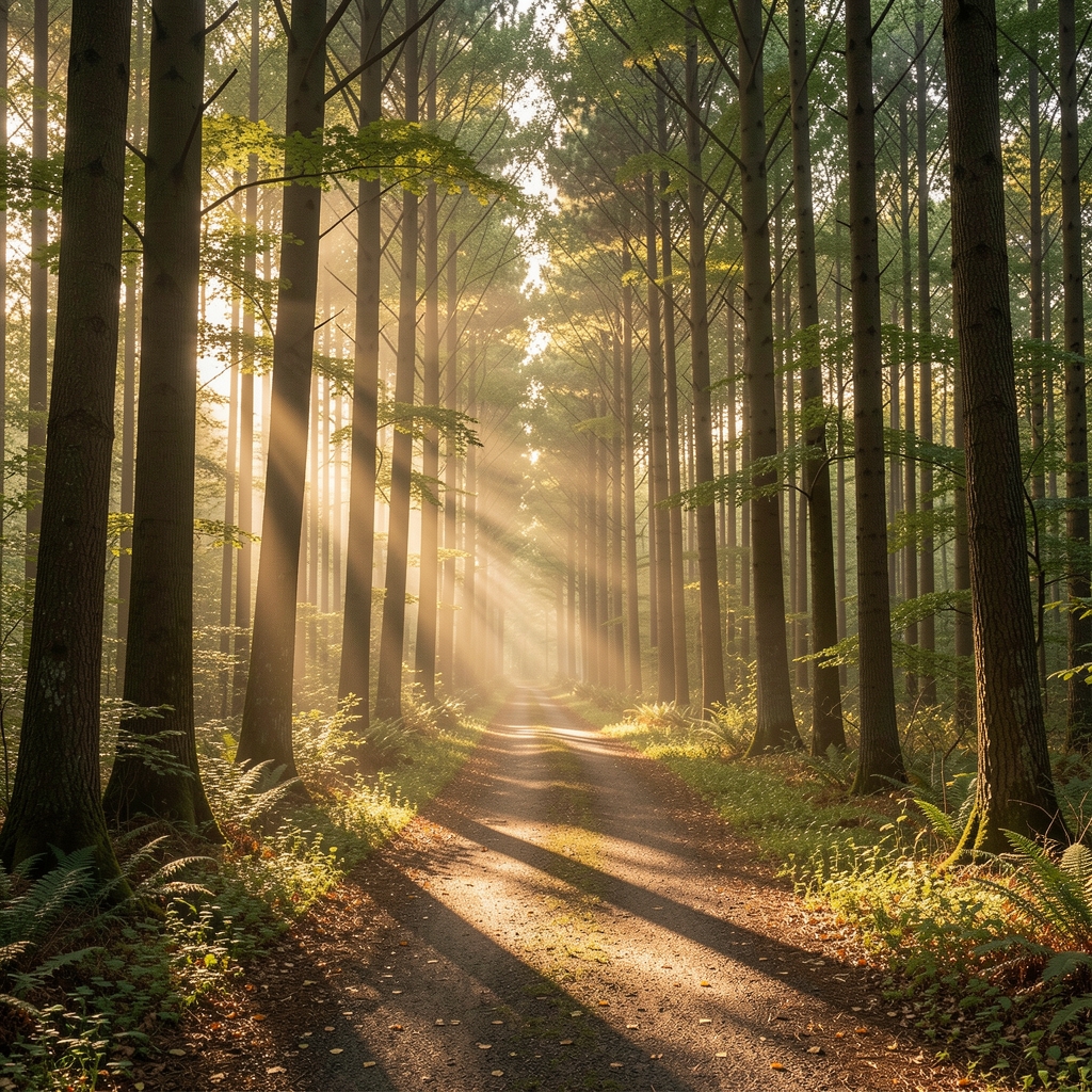 Wide angle view of a calm, sunlit forest path at dawn with dappled light filtering through tall trees, representing a journey of discovery and balance