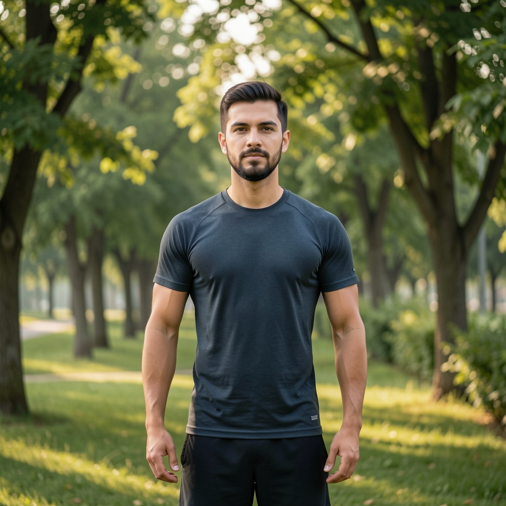 Man in calm outdoor setting during early morning exercise, soft natural light, surrounded by green trees, representing balanced physical activity and well-being